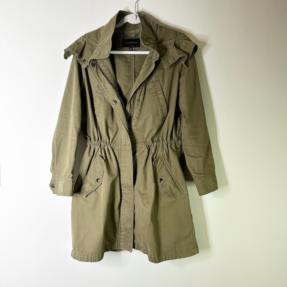 Banana Republic Utility Jacket Women XS Olive Green Hood Trench Coat Drawstring